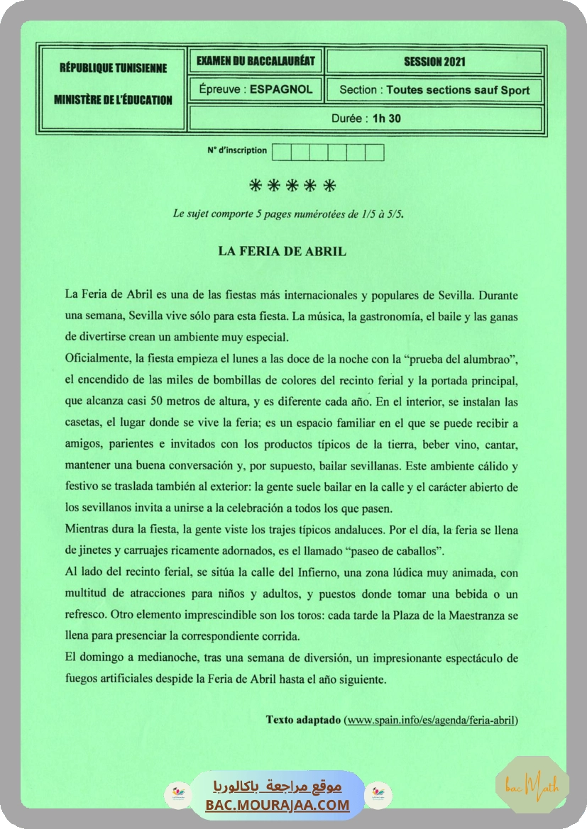Sujet principale  Bac 2021 – Section math